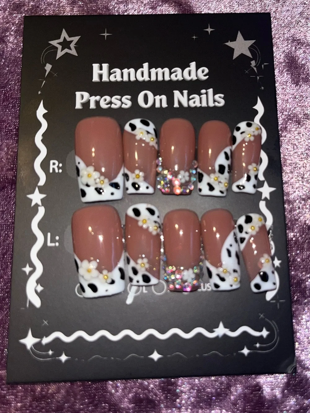 Handmade Press On Nails - Mauve Brown Daisy Cow Print Set